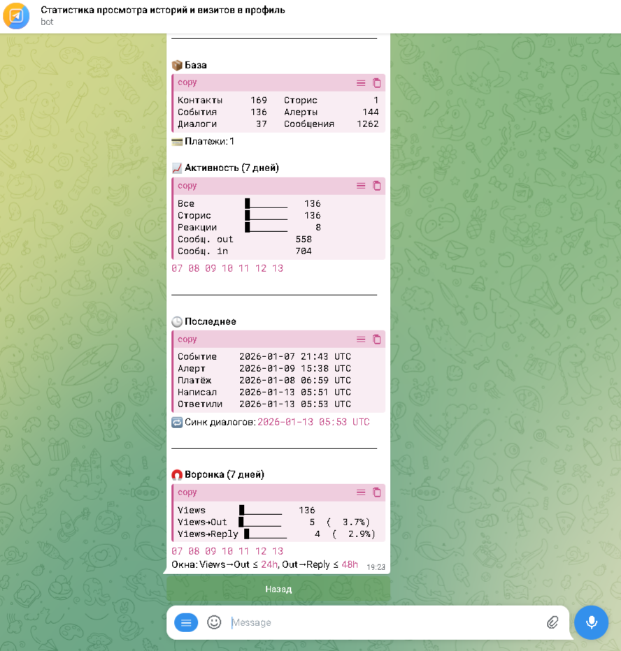 StorisCRM - телеграм бот для мониторинга историй и аналитики активности вашего аккаунта